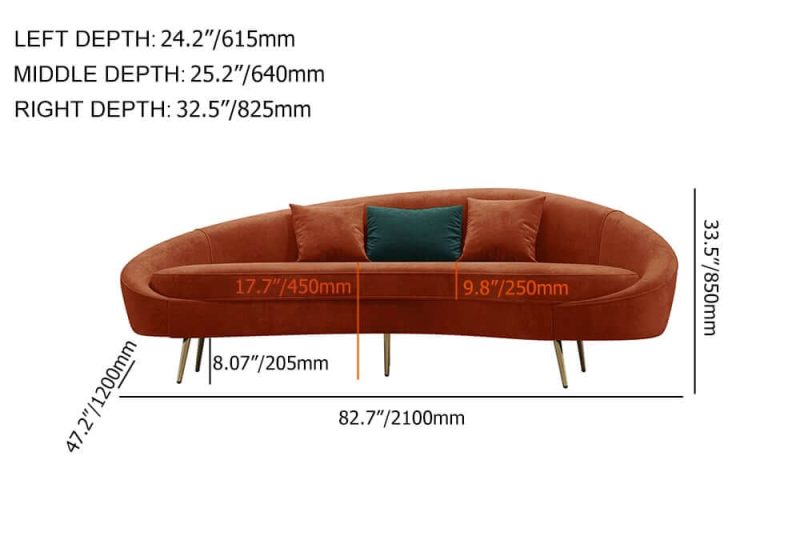 "Dimension of Modern 83" Bronze Velvet Curved Sofa 3-Seater Sofa Toss Pillow Included"
