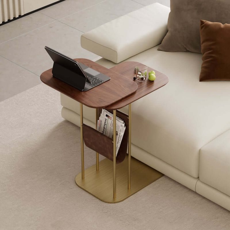 "C-Shaped Walnut & Gold Rotating Side Table with Storage"