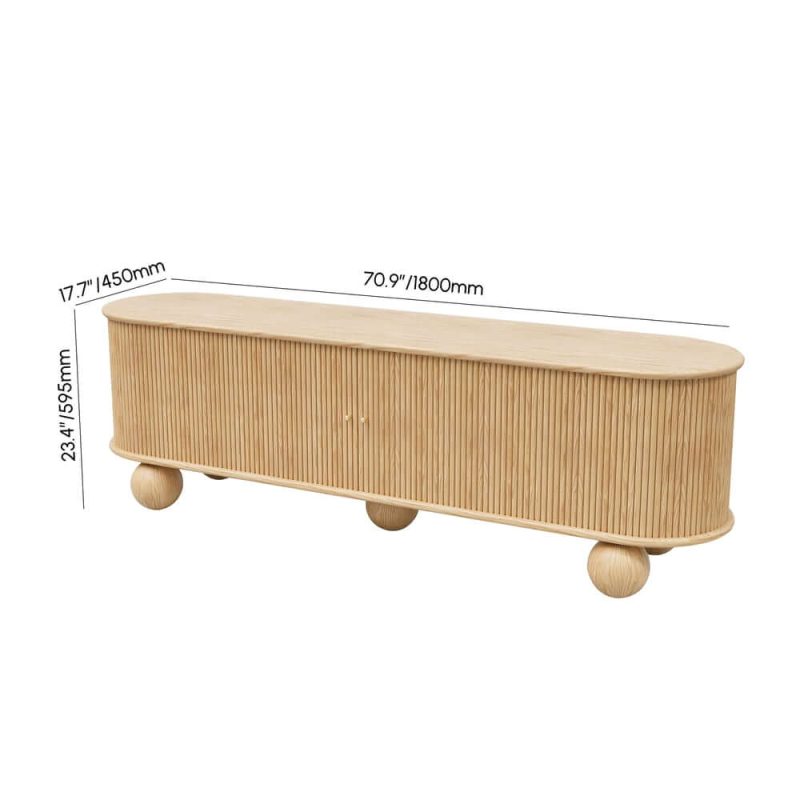 "Dimension of Stria 47" Oval Natural Solid Wood Fluted Coffee Table with Storage 71" Ash Wood TV Stand"