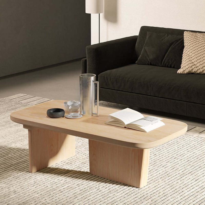 "47.2" Pine Wood Coffee Table Rectangle-shaped in Natural with Abstract Base"