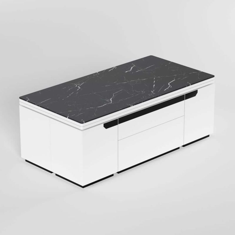 "Modern White Lift Top Marble Coffee Table with Drawers & Storage Multifunction Table"