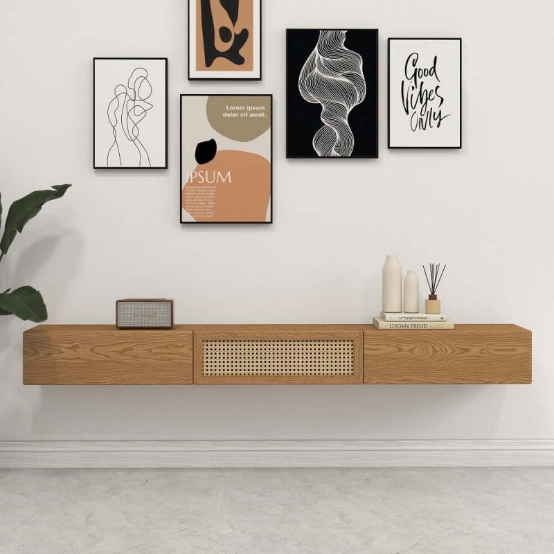 "70" Walnut Ash Wood Floating Rattan TV Stand Wall Mount Cane Flip Storage Living Room"
