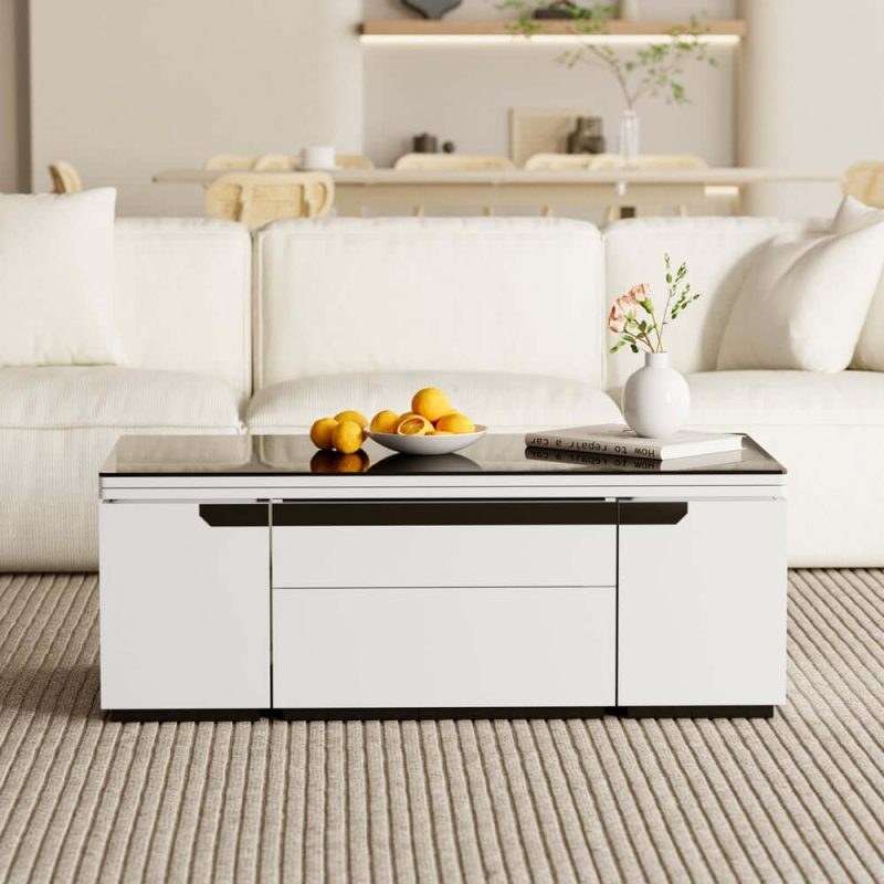 "Modern White Lift Top Glass Coffee Table with Drawers & Storage Multifunction Table"