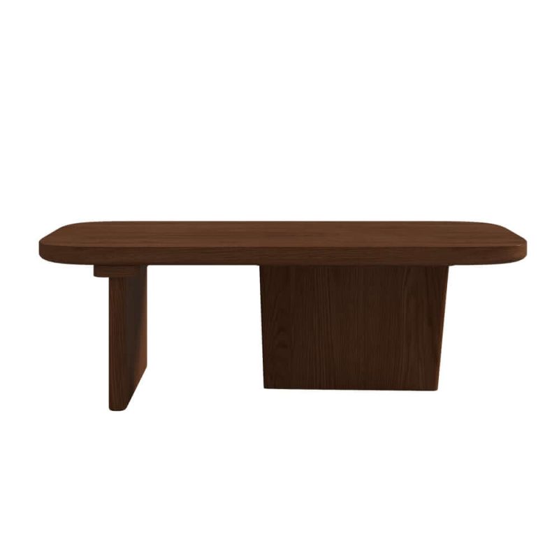 "Pine Wood Coffee Table Rectangle-shaped in Walnut with Abstract Base Japandi"
