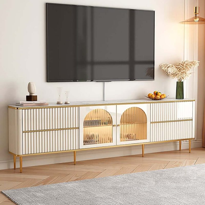 "80" White Glass Door Fluted Stone TV Stand Wood Media Cabinet for 85" TV with Drawers"
