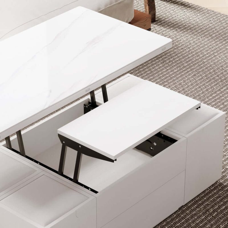 "Modern White Lift Top Marble Coffee Table with Drawers & Storage Multifunction Table"