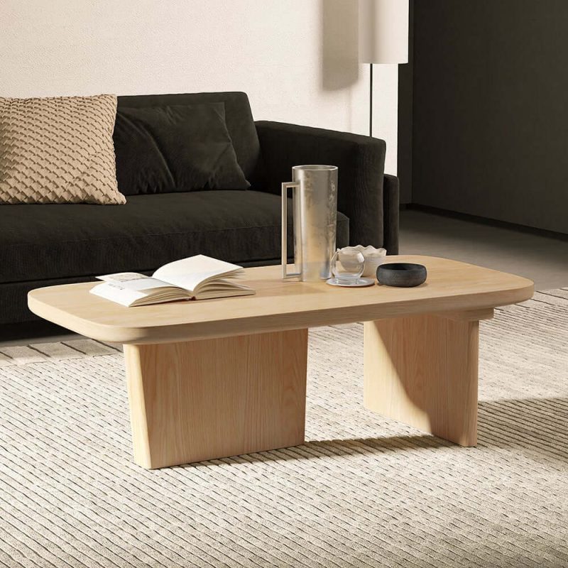 "47.2" Pine Wood Coffee Table Rectangle-shaped in Natural with Abstract Base"