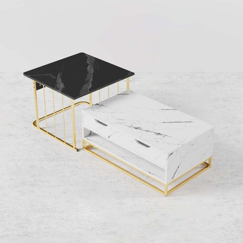 "Modern Wood Nesting Coffee Table Set of 2 with Drawers & Shelves in Black & White"