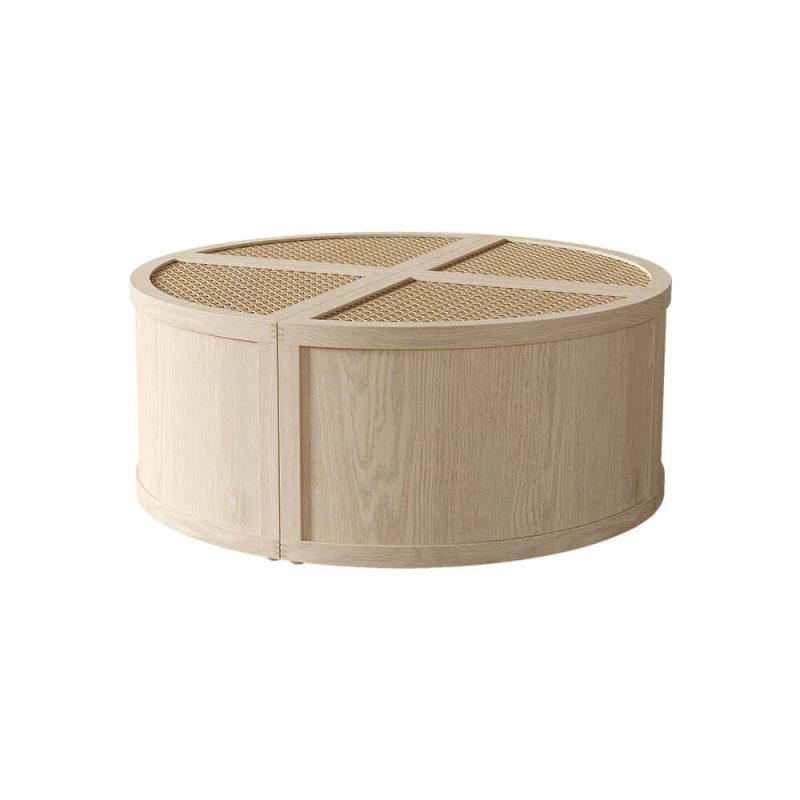 "Round to Square Block Modular Coffee Table White Oak Rattan with Storage 4 Piece"