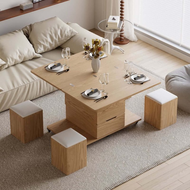 "39" Lift-Top Foldable Natural Coffee Table with 4 Stools & Storage"
