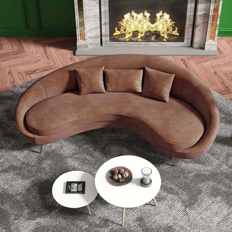 "Modern 83" Brown Velvet Curved Sofa 3-Seater Sofa Gold Legs Toss Pillow Included"
