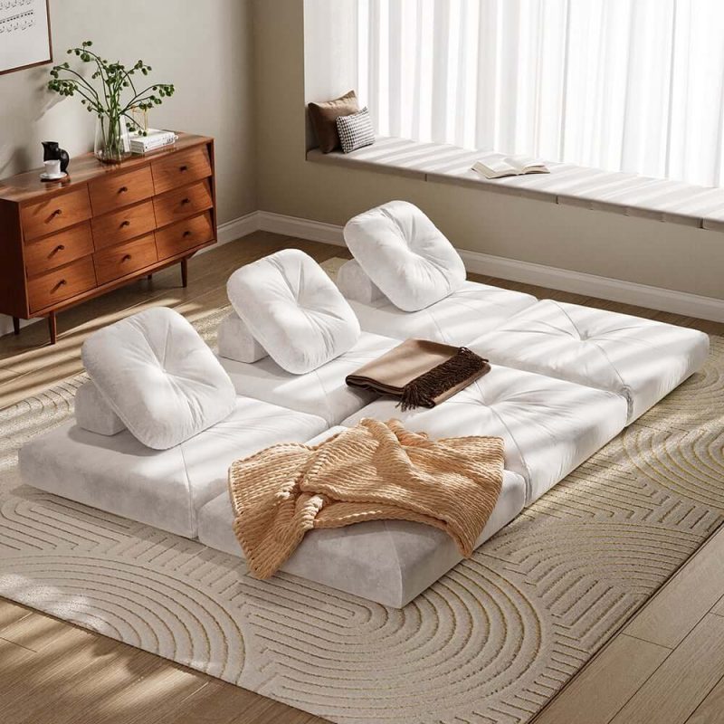 "White Cloud Modular Sectional Convertible 3-Seater Sofa Velvet Upholstered with Pillows"