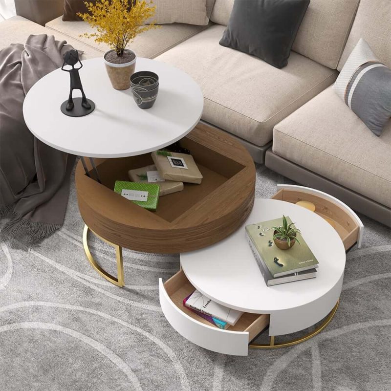 "Round 2-Piece Nesting Set Lift-Top Coffee Table and Wooden Coffee Table with 2 Drawers"