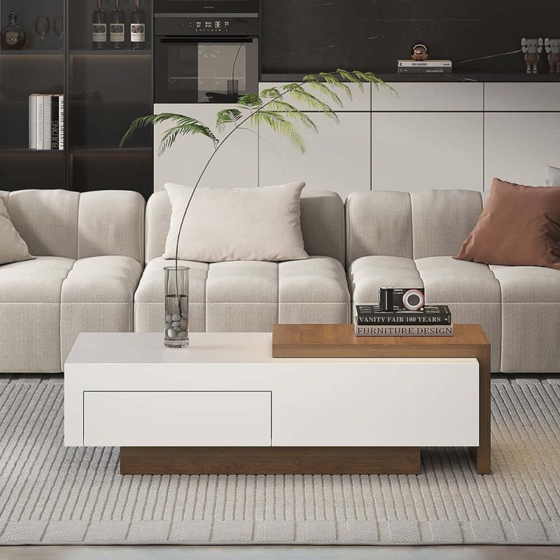 "White & Walnut Extendable Rectangle Coffee Table with Drawer & Sliding Storage"