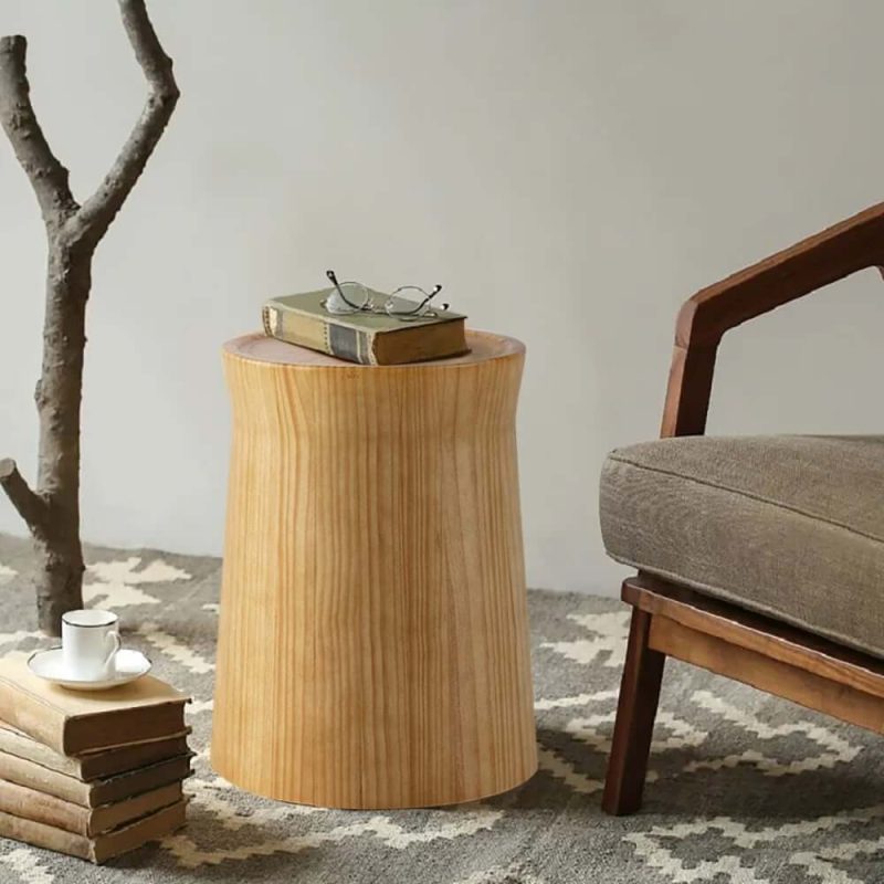 "Small Cottage Round Wood Side Table Tray Top in Beige End Table"