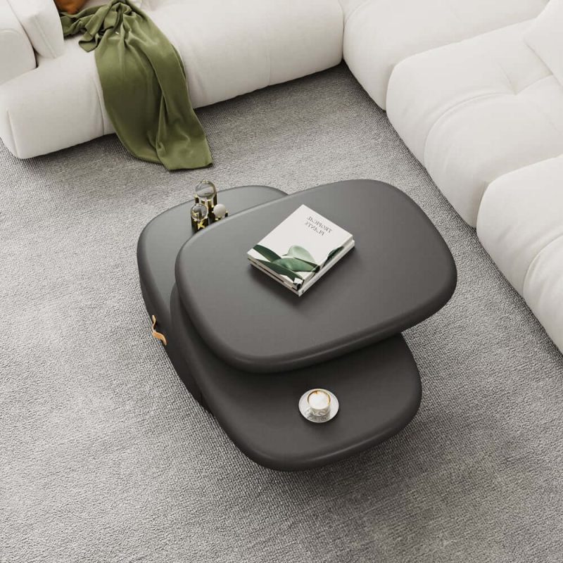 "3-Tiered Modern Oval Black Pebbles Rotating Coffee Table with Storage"