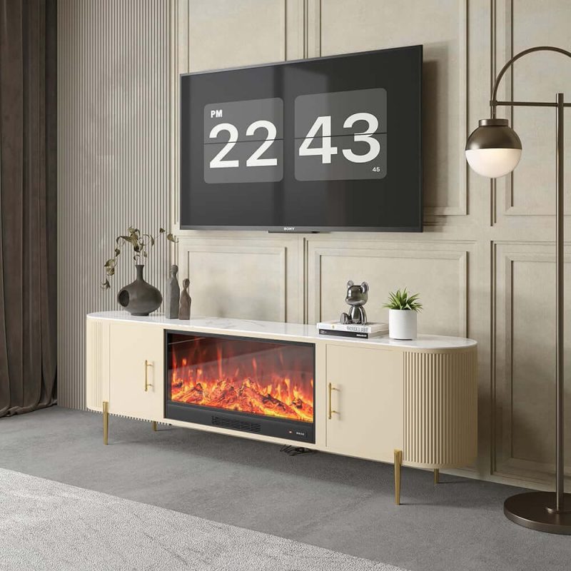 "87" Sintered Stone Top Electric Fireplace TV Stand with Remote Control and Storage"