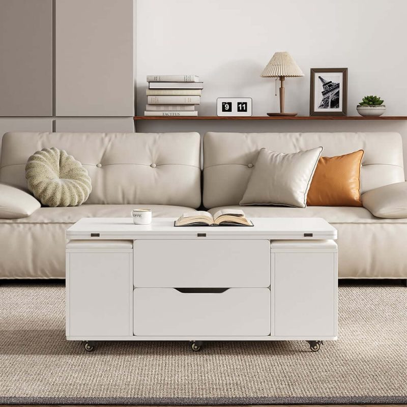 "39" Lift-Top Foldable Coffee Table with 4 Stools & Storage"