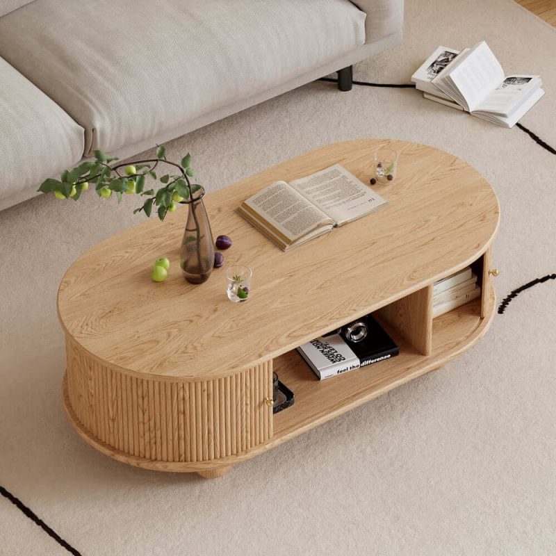 "Stria 47" Oval Natural Solid Wood Fluted Coffee Table with Storage 71" Ash Wood TV Stand"