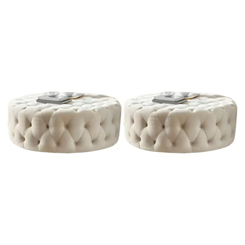 "Indoor Solid Color Contemporary Round Fabric Upholstered Tufted Cocktail - 2 Piece Set 39.5"L x 39.5"W x 16.5"H White"