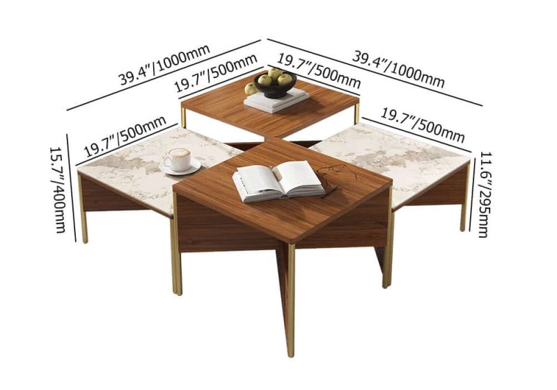 "Dimension of 39.4" Square Modern Sintered Stone Coffee Table Walnut Veneer Coffee Table in Gold Frame"