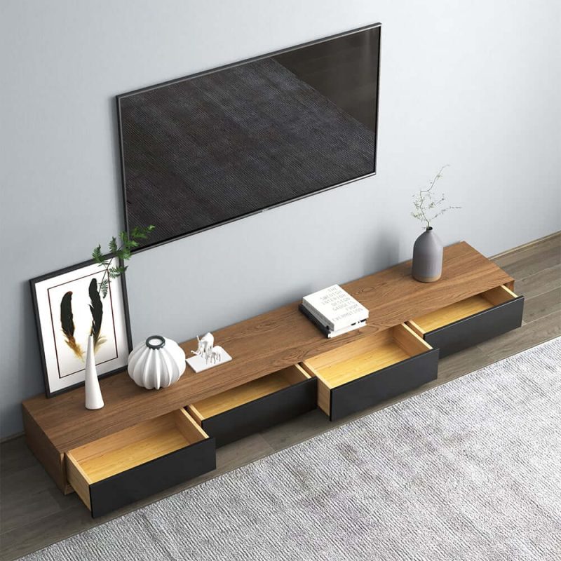 "Modern 87" Walnut & Black TV Stand Rectangle Media Console with 4 Drawers"