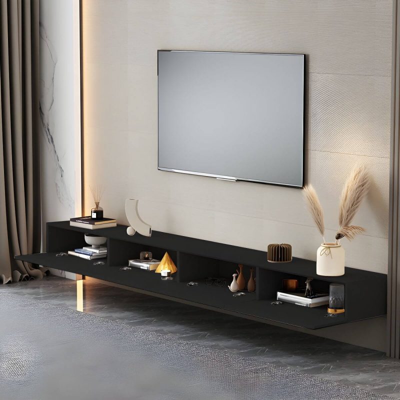 "Contemporary Media Console Wood Floating TV Stand with Doors - Black 94.5"L x 14"W x 10"H"