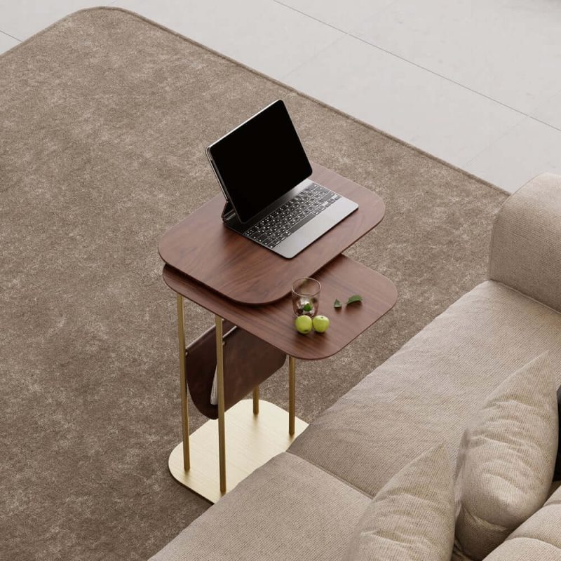 "C-Shaped Walnut & Gold Rotating Side Table with Storage"