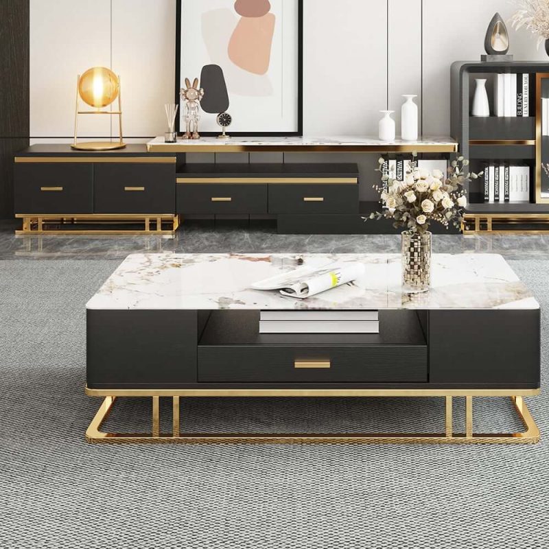 "Stonesk Modern TV Stand & Coffee Table Set for 100" TV in Black with Drawers"