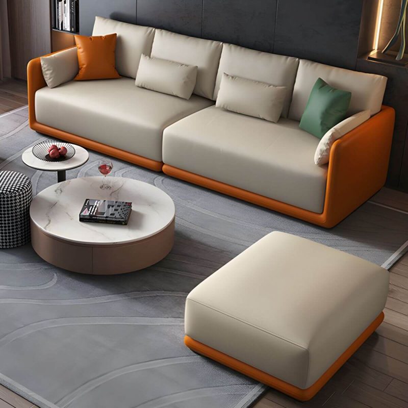 "Genuine Leather Foot Stool in Solid Wood Contemporary Style Indoor - 4 Piece Set Off-White-Orange 35"L x 28"W x 16"H"