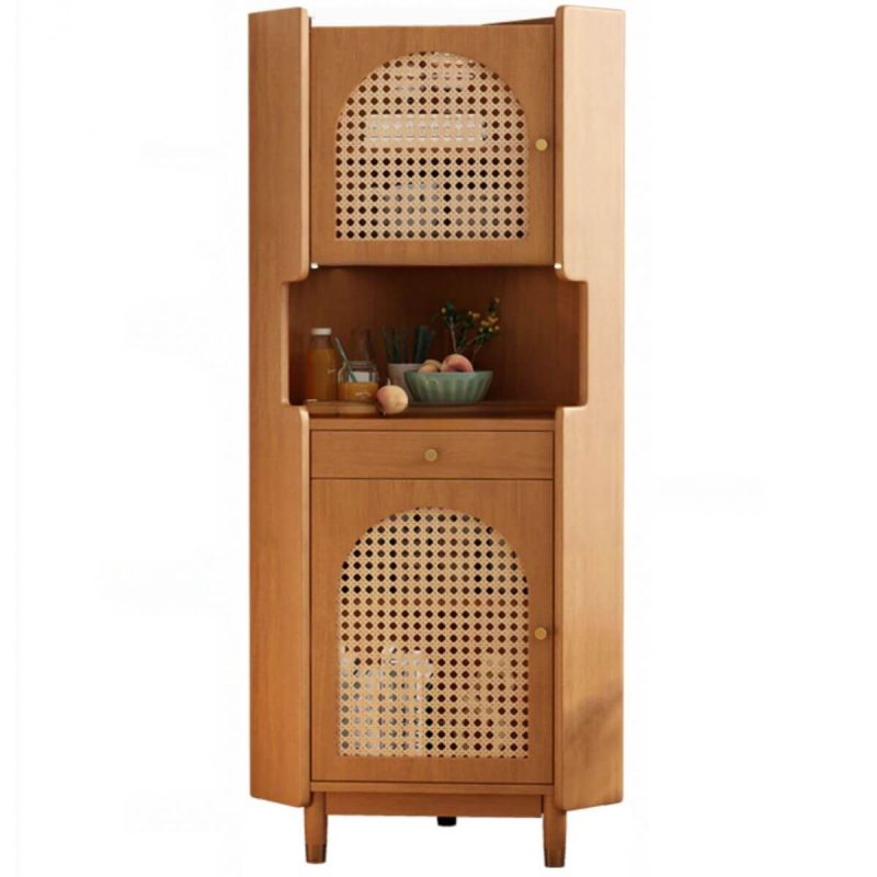 "Modern Simple Style Utility Storage Cabinet with Changeable Shelf, Drawer, Nook Shape, Pull Knobs, Chalk Top, and Hutch, White, Rattan-Weaved Door, 17"L x 17"W x 63"H"