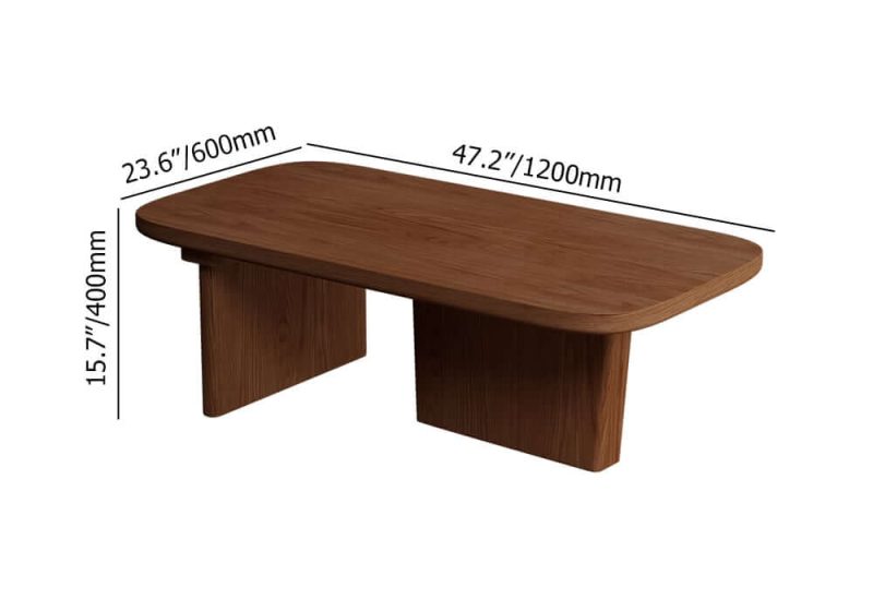"Dimension of Pine Wood Coffee Table Rectangle-shaped in Walnut with Abstract Base Japandi"