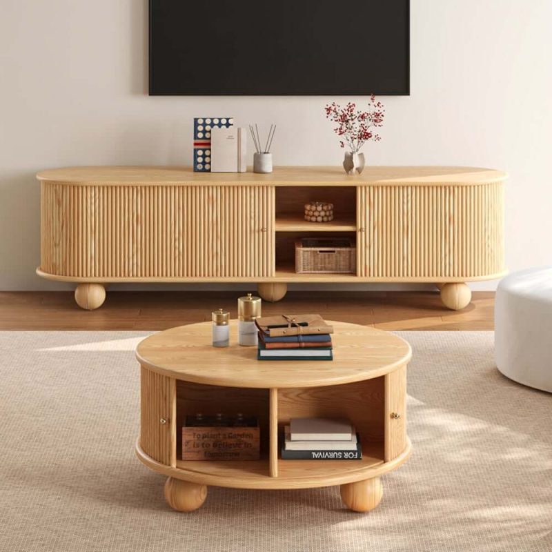 "Stria 32" Round Ash Wood Fluted Coffee Table with Storage 71"  Ash Wood Fluted TV Stand"