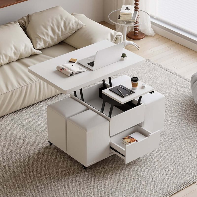 "39" Lift-Top Foldable Coffee Table with 4 Stools & Storage"