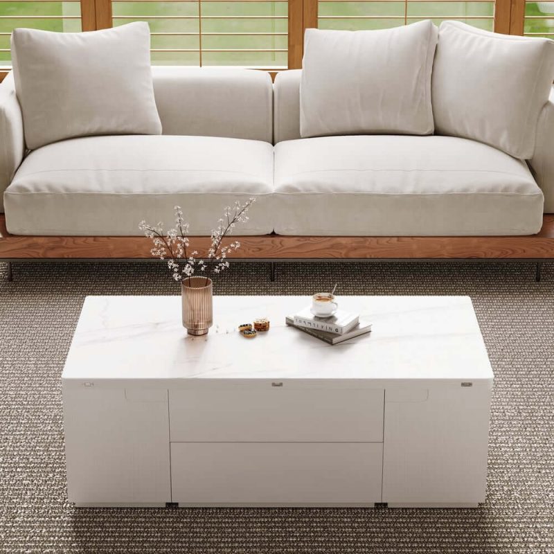 "Modern White Lift Top Marble Coffee Table with Drawers & Storage Multifunction Table"
