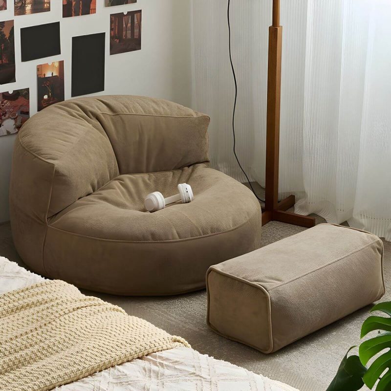 "Water Resistant Fabric Bean Bag Chair with Pre-Filled Abrasion Resistance - Light Brown Bean Bag Chair with Ottoman"