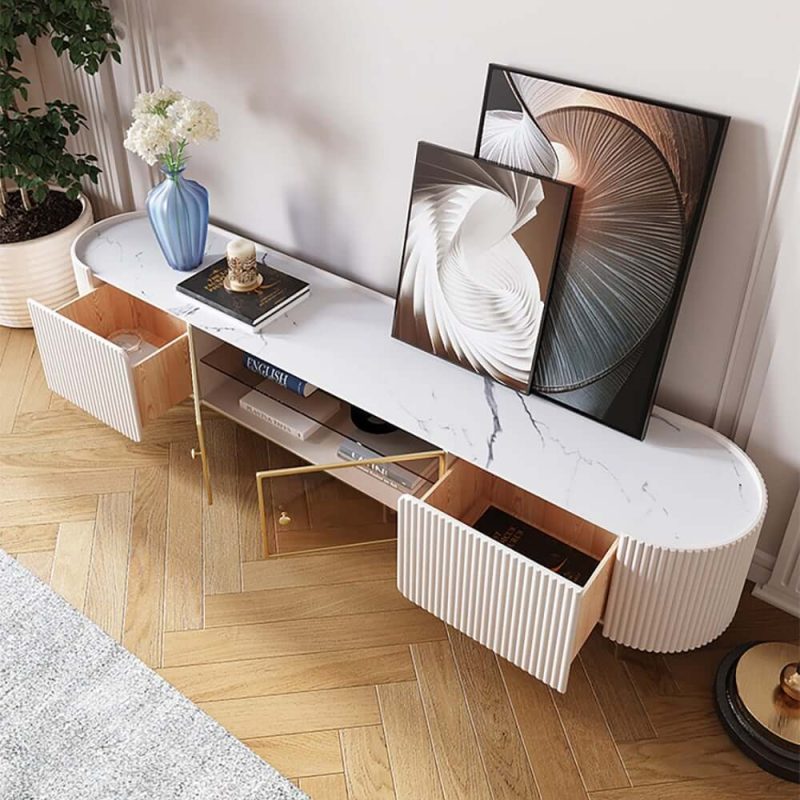 "Palley Modern Oval TV Stand with Storage & Glass Doors in White for TV Up to 85 Inch"