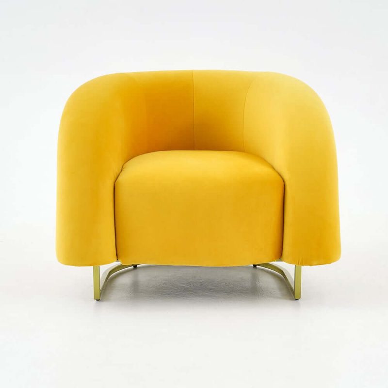 "Creative & Modern Yellow Solid Wood & Velvet Accent Chair with Metal Base"