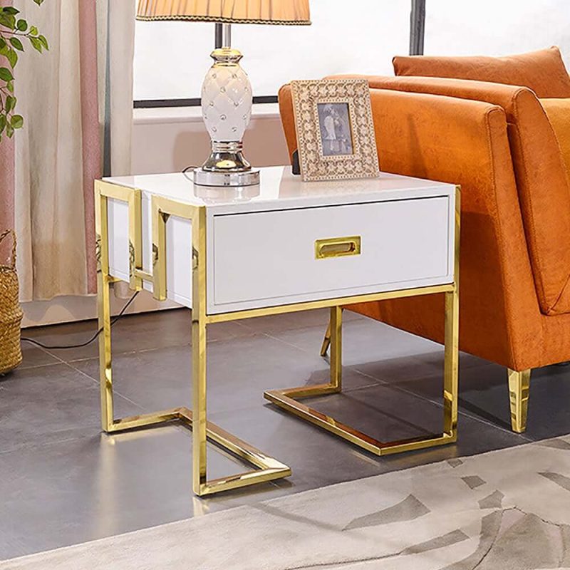 "Jocise Modern White Side Table Wooden End Table with 1 Drawer & Golden Double Pedestal"
