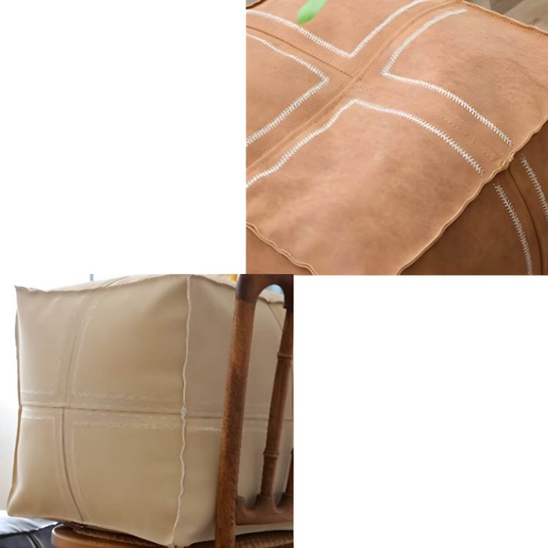 "Geometric Genuine Leather Square Pouf Ottoman for Modern Style - Removable Cushion Cover Included - Beige 4 Piece Set"