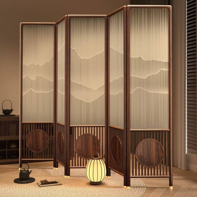 "Victorian Cocoa Opaque Fold-up Room Screen with 5 Panels and Double Sided Gauze Print, Black Walnut"