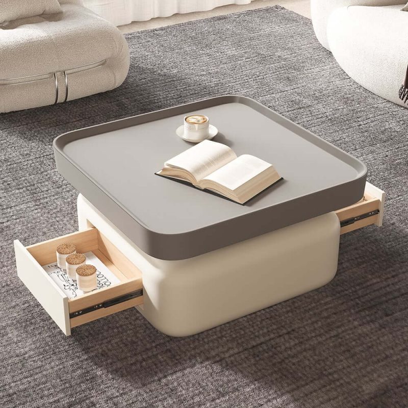 "Solid Coffee Table with 2 Drawers Storage Square Living Room"