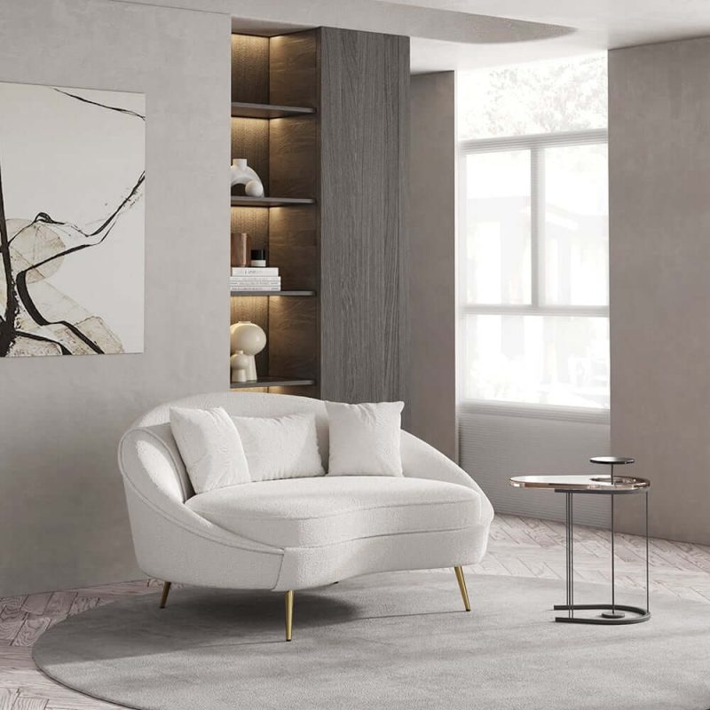 "63" Modern White Boucle Curved Sofa Toss Pillow Included"