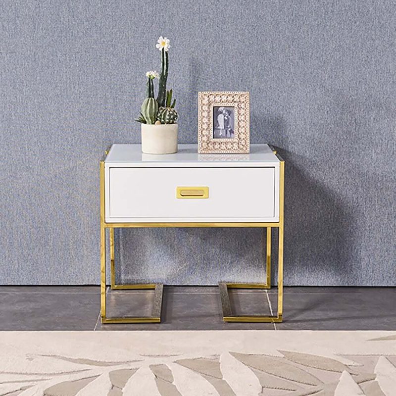 "Jocise Modern White Side Table Wooden End Table with 1 Drawer & Golden Double Pedestal"