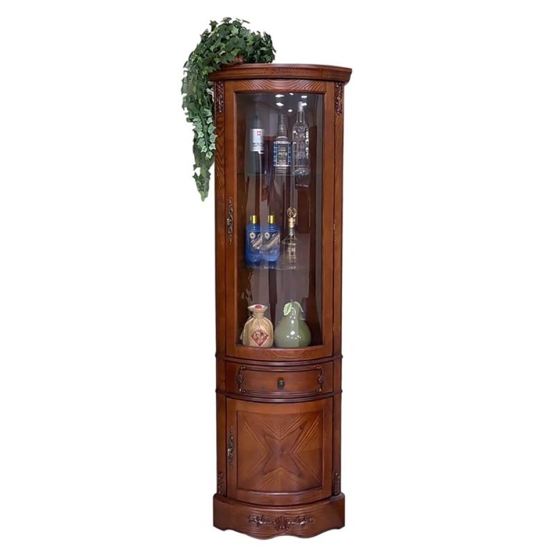 "Victorian Utility Storage Cabinet with Ring Pull, Glass-panel Door, Drawer, Nook Shape, Espresso Top, and Hutch, Nut-Brown, 17"L x 17"W x 74"H"