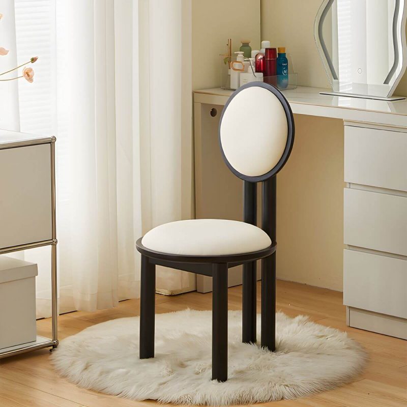 "Modern Vanity Stool with Round Back, White Upholstered and Wood Straight Legs - Walnut Design 1"