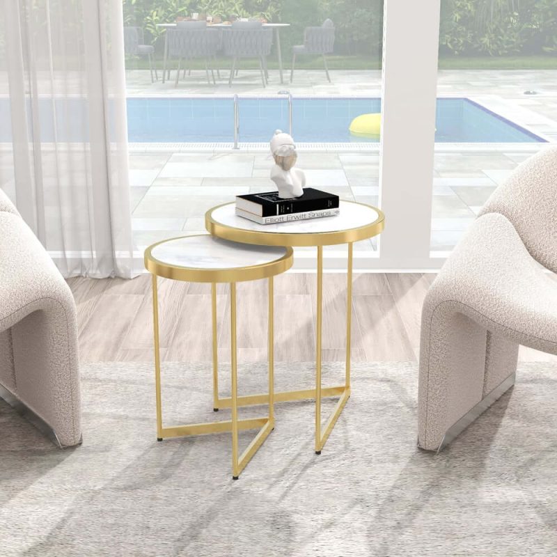 "White End Table Sets Modern Marble Top Nesting Side Table"