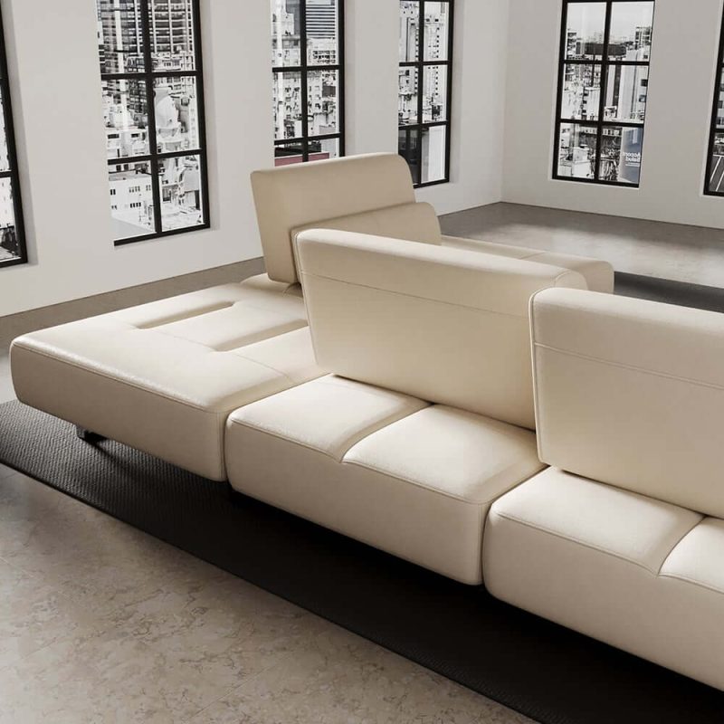 "134.6" White Leather Lounge Deep Seat Sectional Sofa with Adjustable Armrest & Backrest"