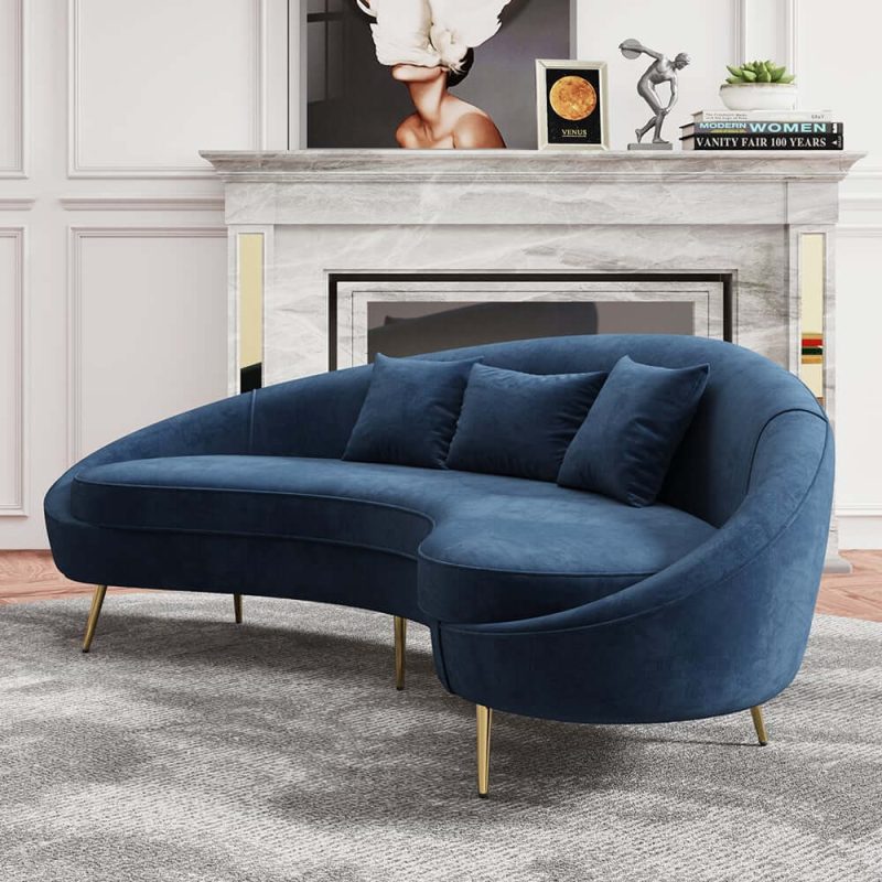 "Modern 95" Blue Velvet Curved 3 Seaters Sofa for Living Room"