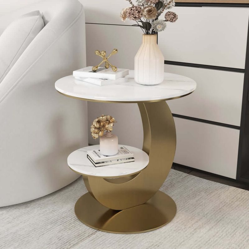 "20" Round Sintered Stone 2-Tier Gold Moon-Shaped Side Table"